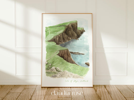 Isle of Skye Art Print, Scotland, Neist Point Lighthouse, Travel Watercolour Painting
