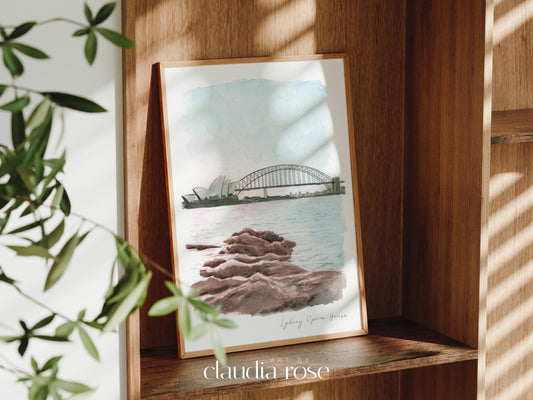 Sydney Opera House Art Print, Australia, Harbour Beach, Travel Watercolour Painting
