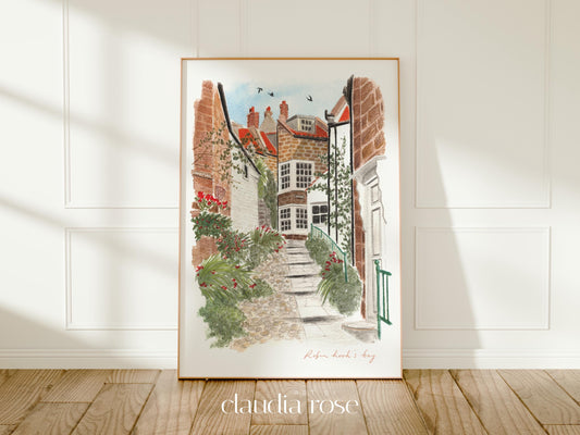 Robin Hood's Bay Art Print, North York Moors, Yorkshire, England, Travel Watercolour Painting