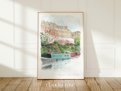 Regent's Canal Art Print, London, Islington, England, Travel Watercolour Painting