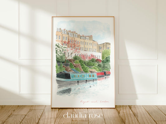 Regent's Canal Art Print, London, Islington, England, Travel Watercolour Painting