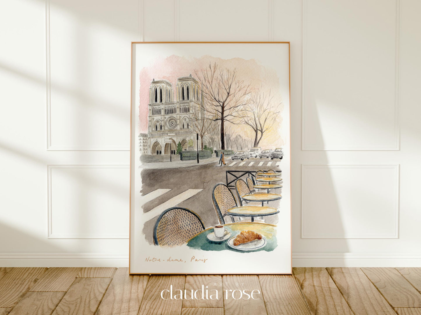Notre Dame Cathedral Art Print, Parisian Café, France, Travel Watercolour Painting