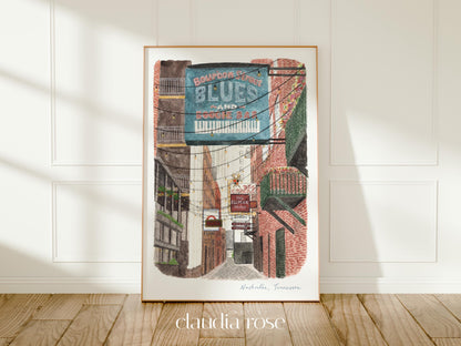 Nashville Art Print, Printer's Alley, Tennessee, USA, Travel Watercolour Painting