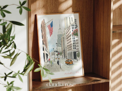 Manhattan Art Print, Empire State Building, New York City, USA, Travel Watercolour Painting