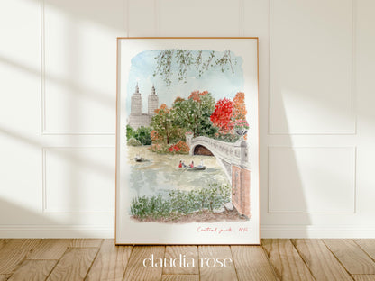 Central Park Art Print, New York City USA, Bow Bridge & The Lake, Travel Watercolour Painting