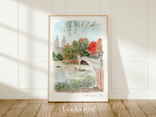 Central Park Art Print, New York City USA, Bow Bridge & The Lake, Travel Watercolour Painting