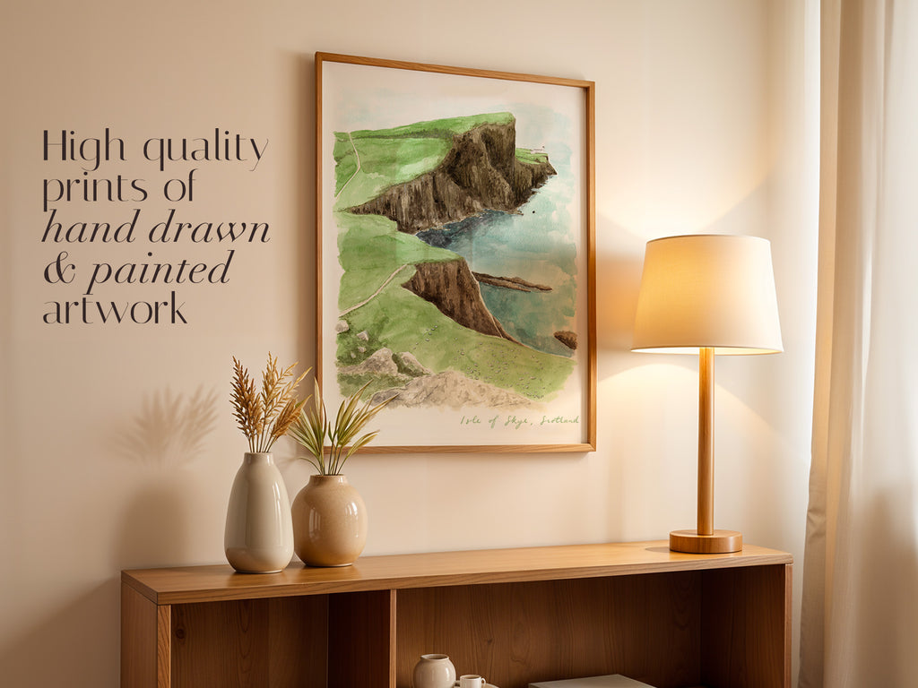 Isle of Skye Art Print, Scotland, Neist Point Lighthouse, Travel Watercolour Painting