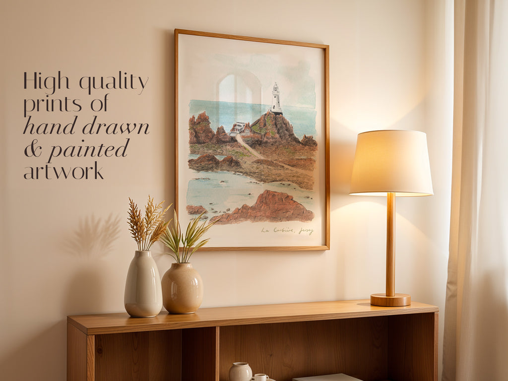Jersey Art Print, La Corbiere Lighthouse, Channel Islands, Travel Watercolour Painting