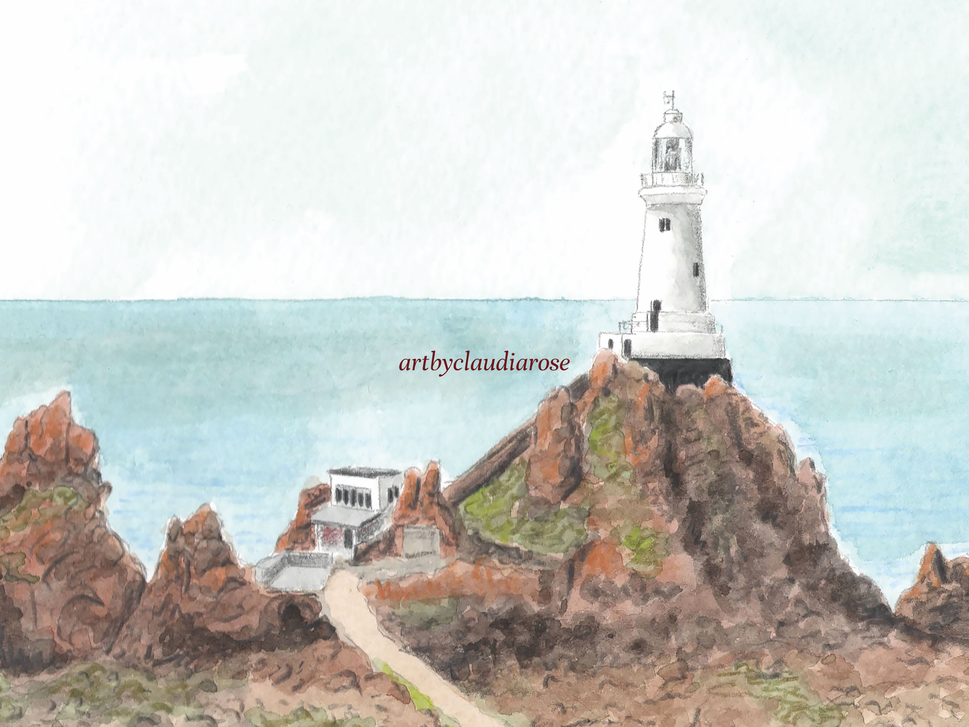 Jersey Art Print, La Corbiere Lighthouse, Channel Islands, Travel Watercolour Painting