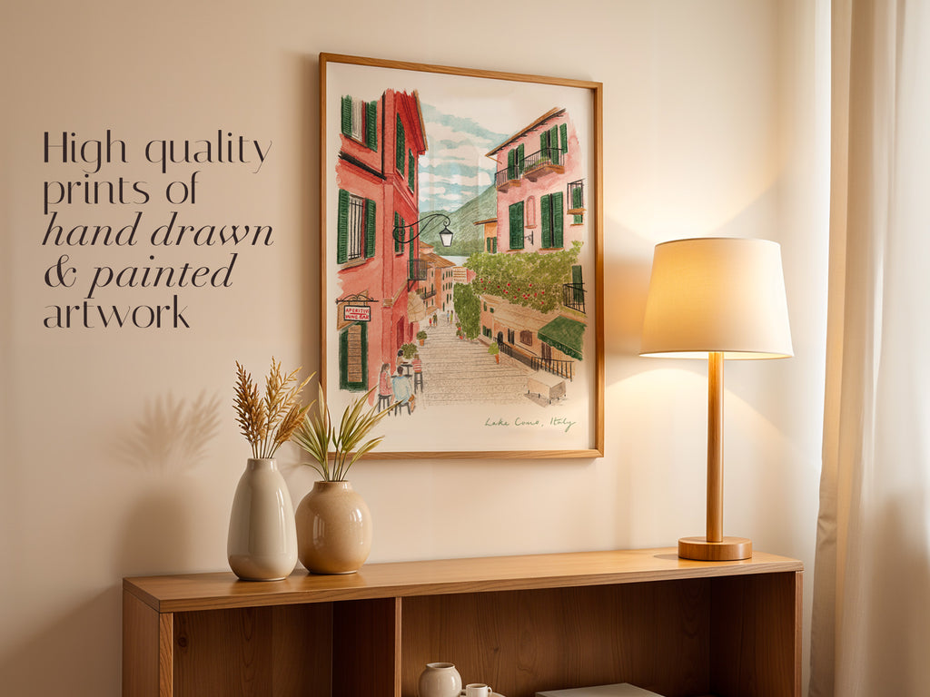 Lake Como Art Print, Bellagio, Italy Travel Watercolour Painting
