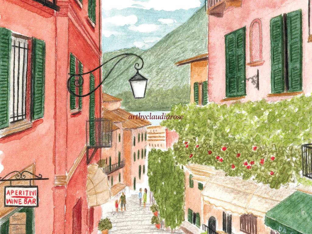 Lake Como Art Print, Bellagio, Italy Travel Watercolour Painting