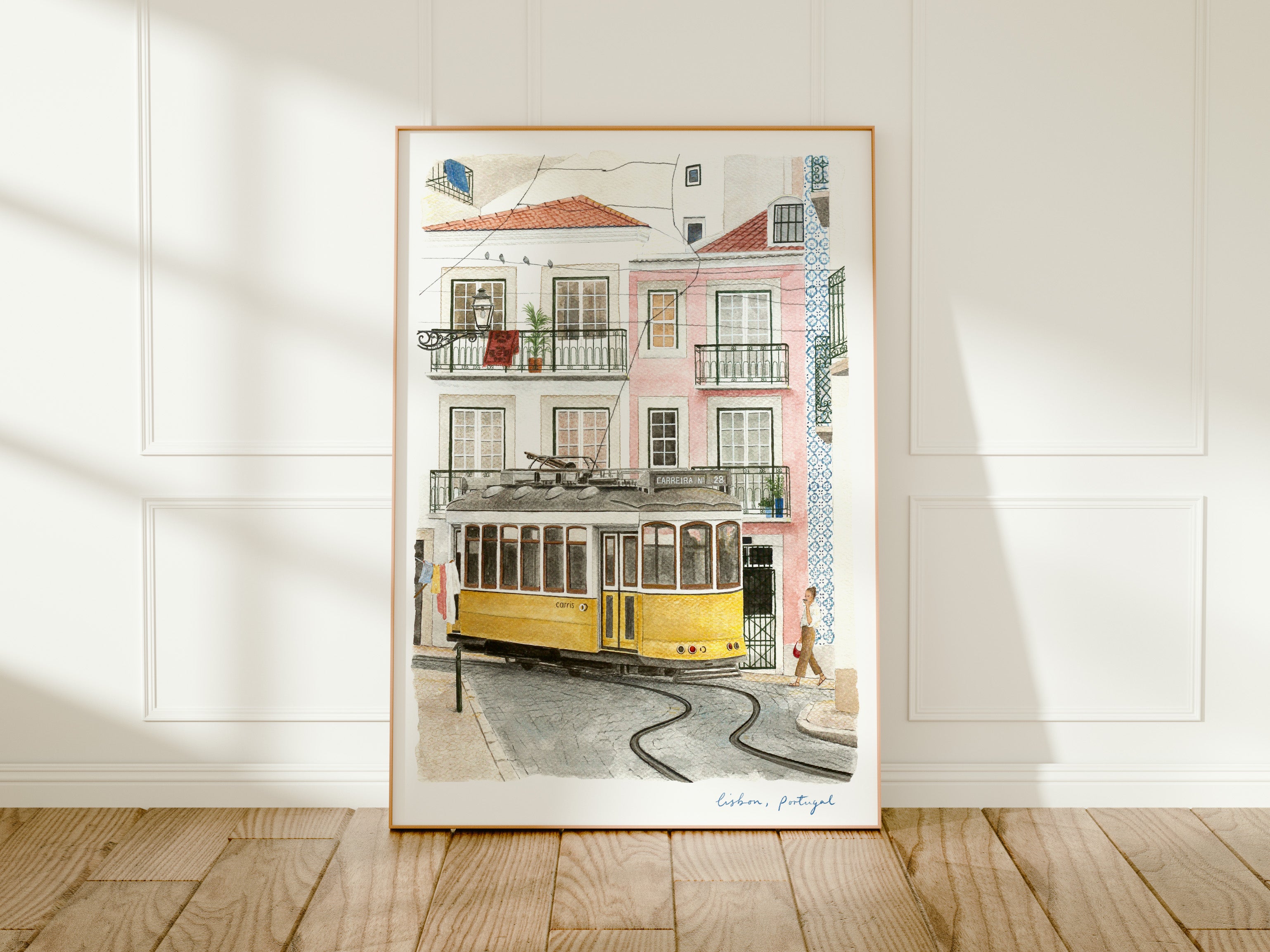 Lisbon Art Print, Portugal, Yellow Tram, Travel Watercolour Painting