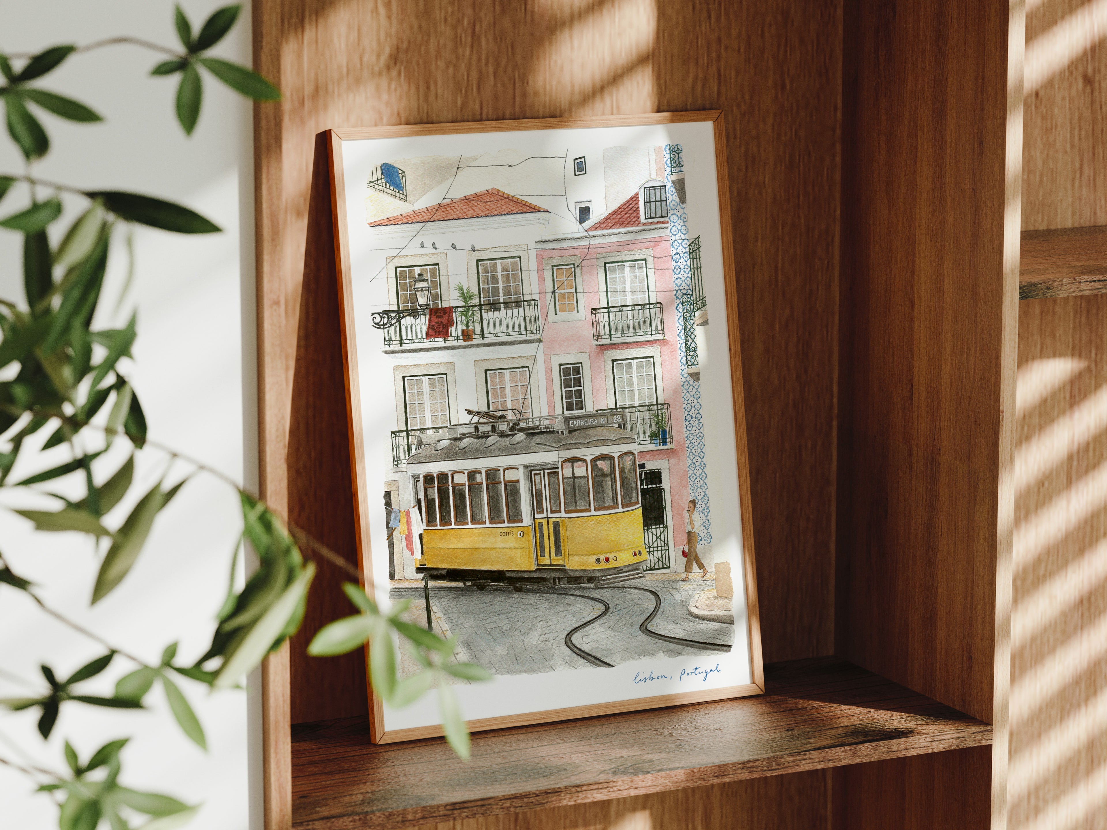 Lisbon Art Print, Portugal, Yellow Tram, Travel Watercolour Painting