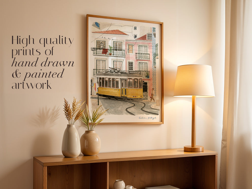 Lisbon Art Print, Portugal, Yellow Tram, Travel Watercolour Painting