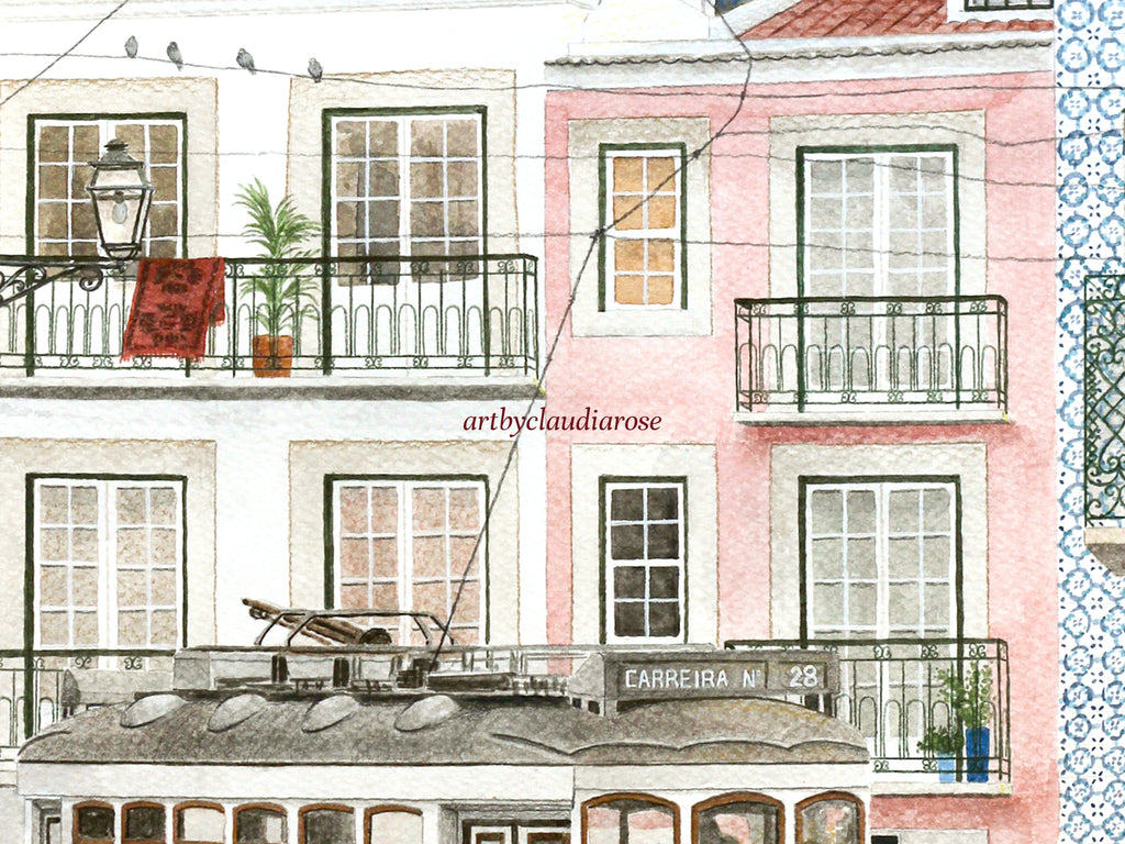 Lisbon Art Print, Portugal, Yellow Tram, Travel Watercolour Painting