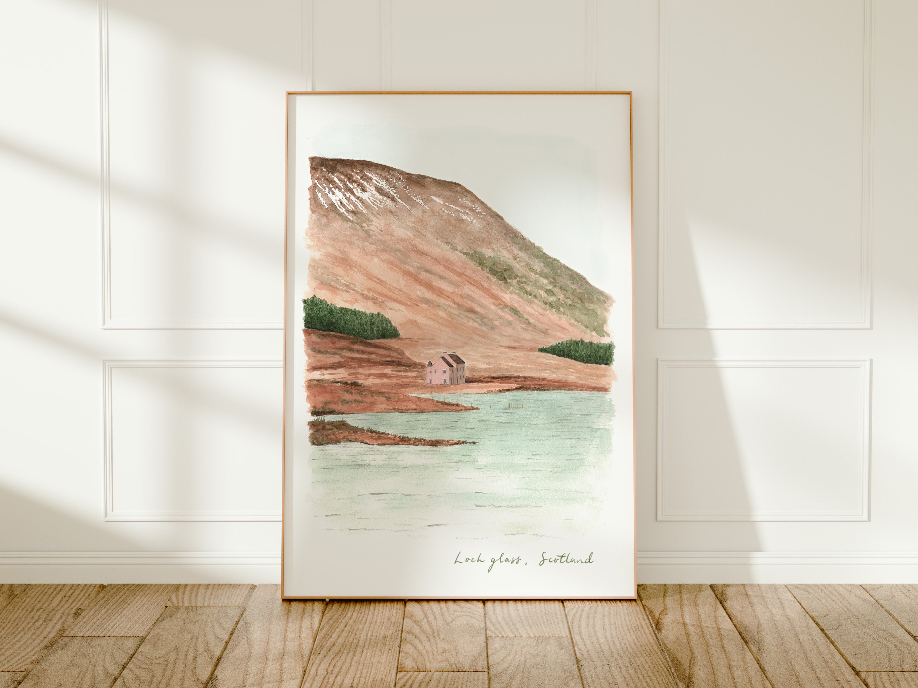 Loch Glass Art Print, Pink House, Scottish Highlands, Scotland, Travel Watercolour Painting