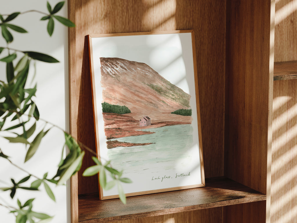 Loch Glass Art Print, Pink House, Scottish Highlands, Scotland, Travel Watercolour Painting
