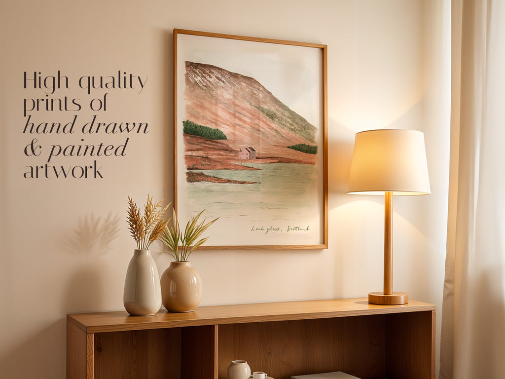 Loch Glass Art Print, Pink House, Scottish Highlands, Scotland, Travel Watercolour Painting