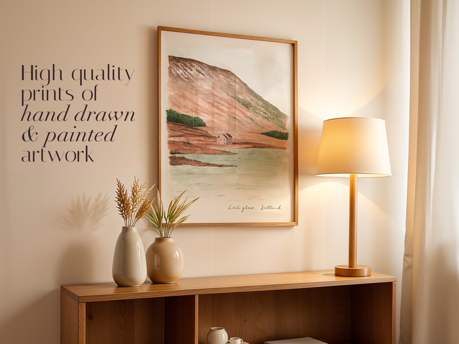 Loch Glass Art Print, Pink House, Scottish Highlands, Scotland, Travel Watercolour Painting