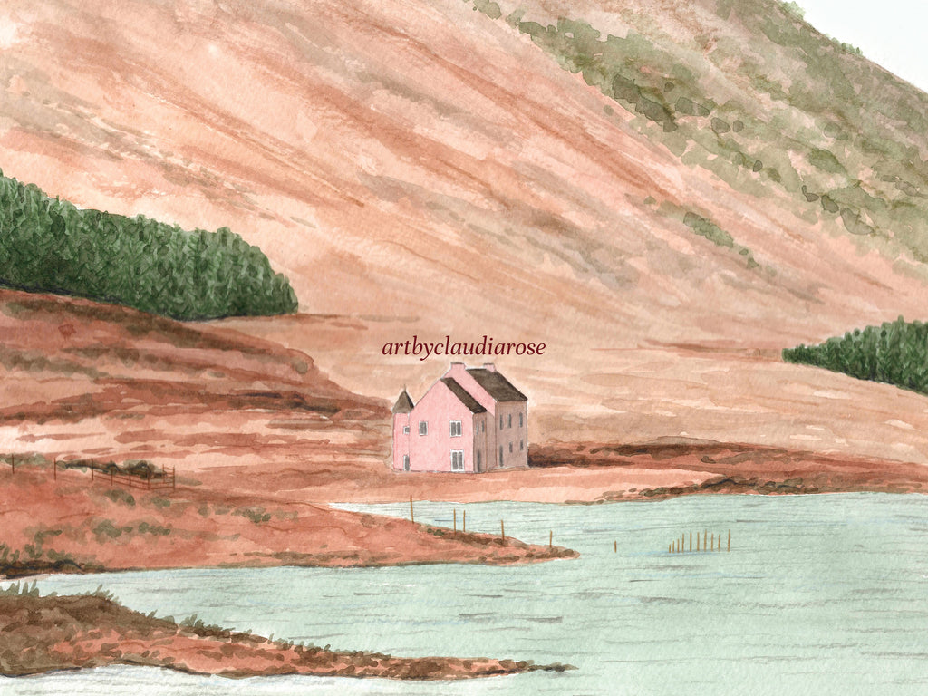 Loch Glass Art Print, Pink House, Scottish Highlands, Scotland, Travel Watercolour Painting