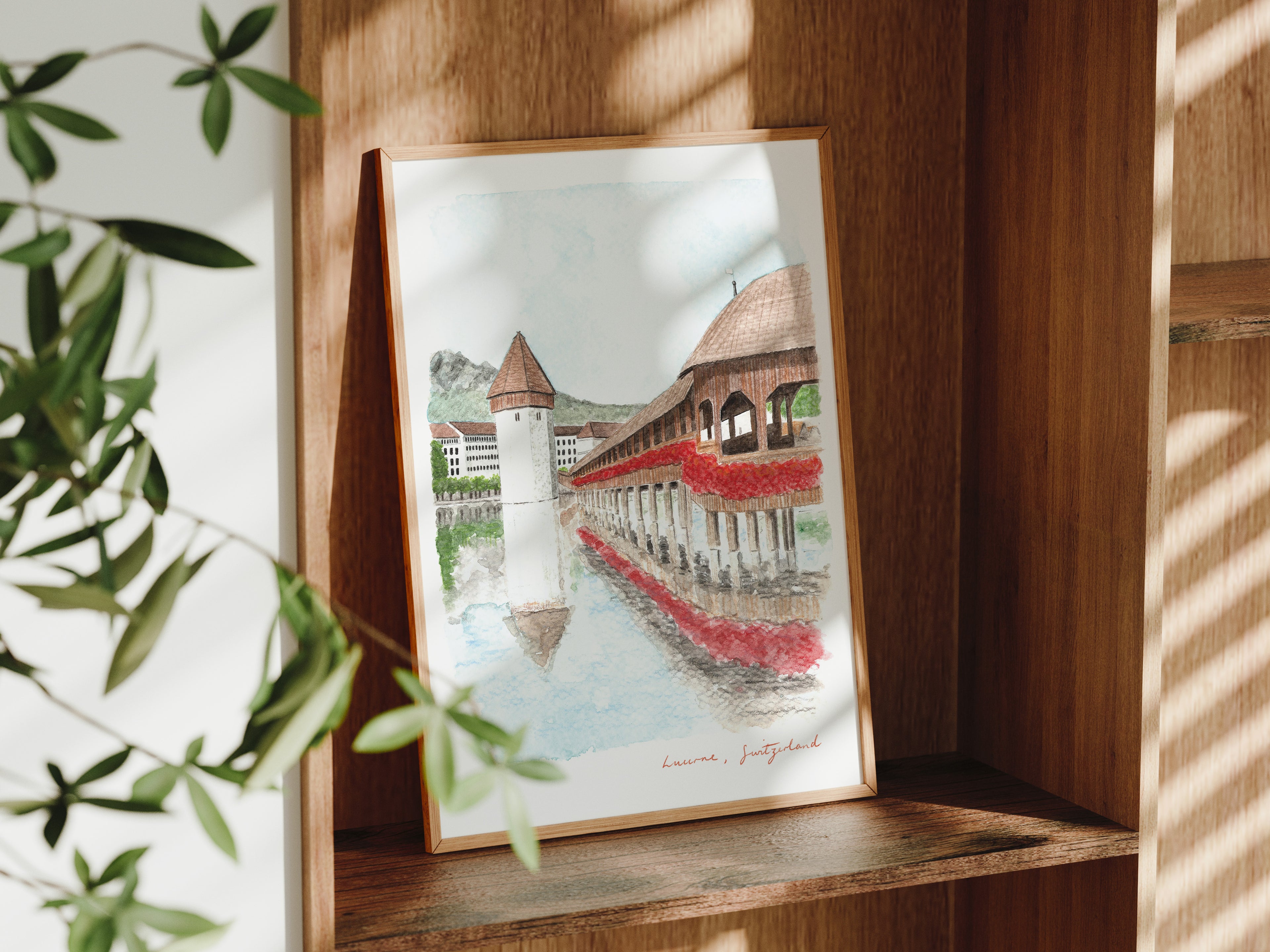 Lucerne Art Print, Switzerland, Chapel Bridge, Travel Watercolour Painting