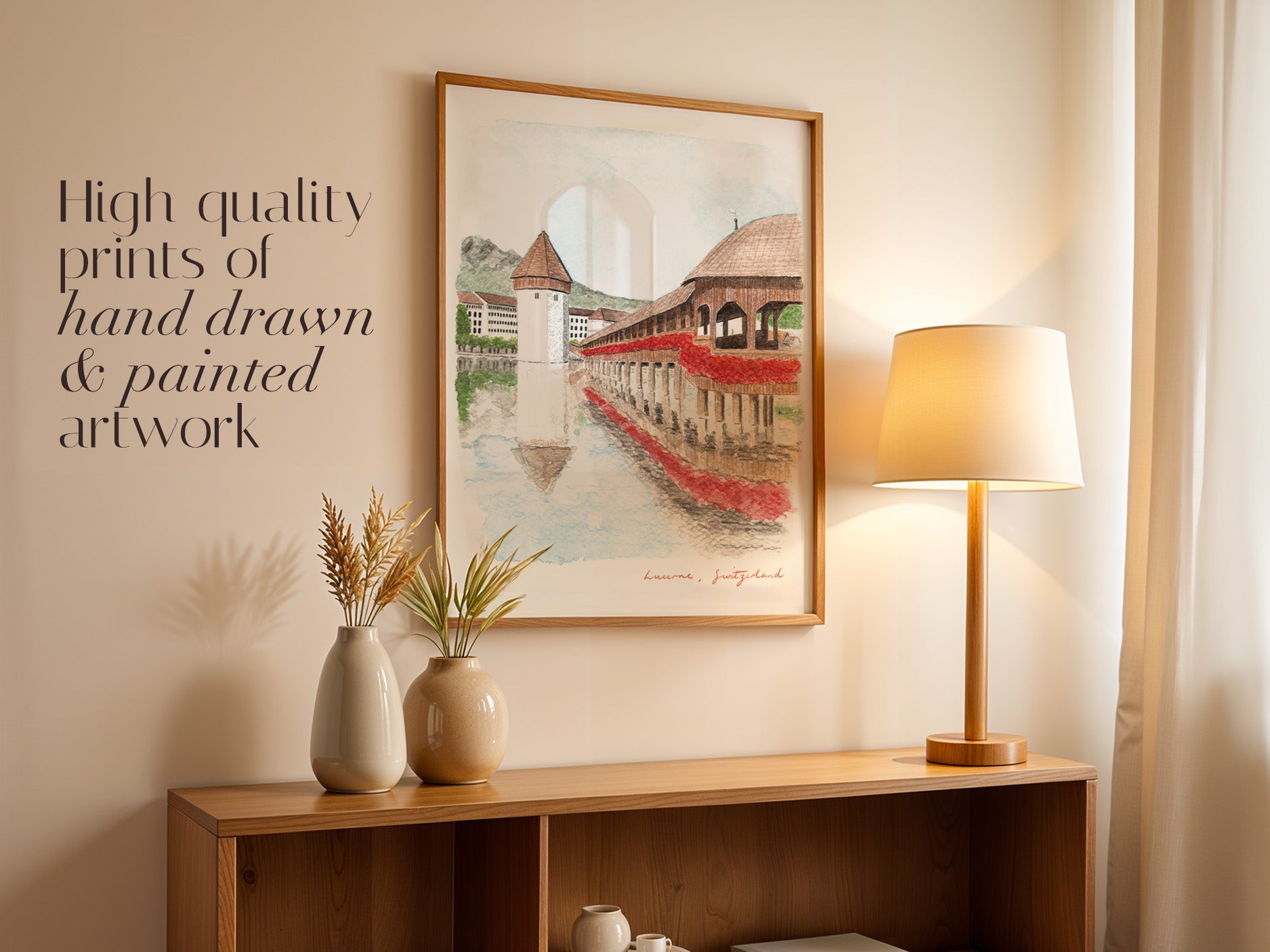 Lucerne Art Print, Switzerland, Chapel Bridge, Travel Watercolour Painting