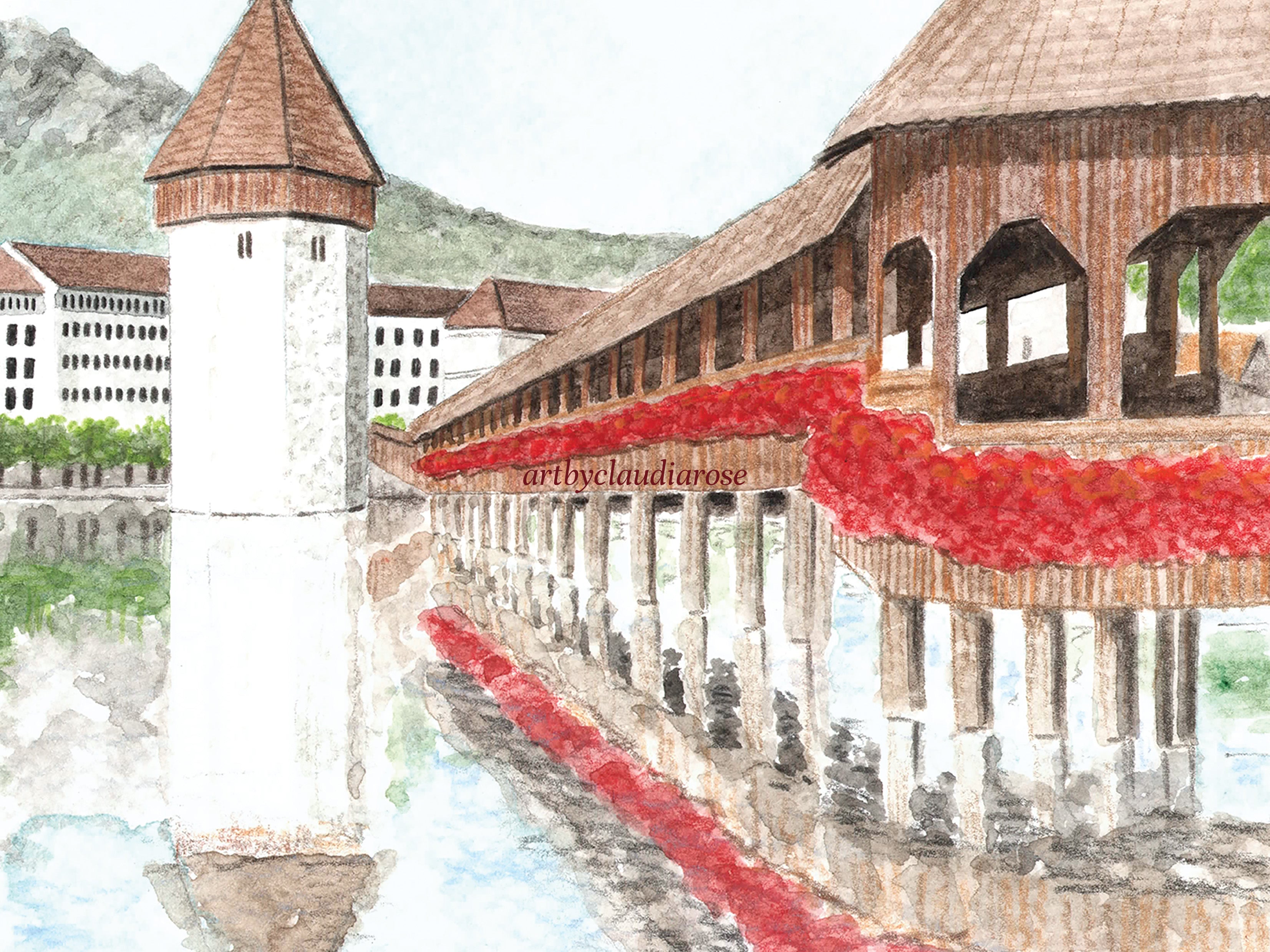 Lucerne Art Print, Switzerland, Chapel Bridge, Travel Watercolour Painting