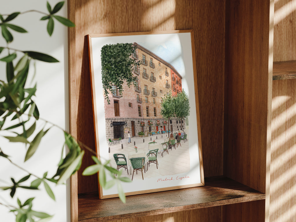 Madrid Art Print, Cava de San Miguel, Plaza Mayor, Spain, Travel Watercolour Painting