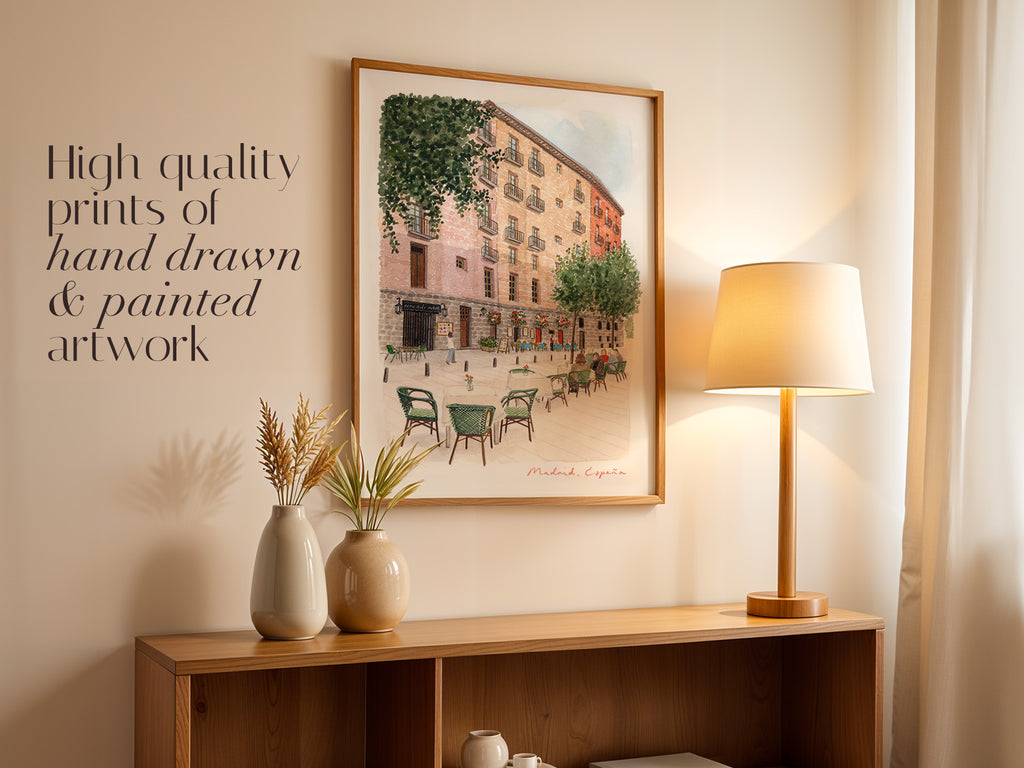 Madrid Art Print, Cava de San Miguel, Plaza Mayor, Spain, Travel Watercolour Painting