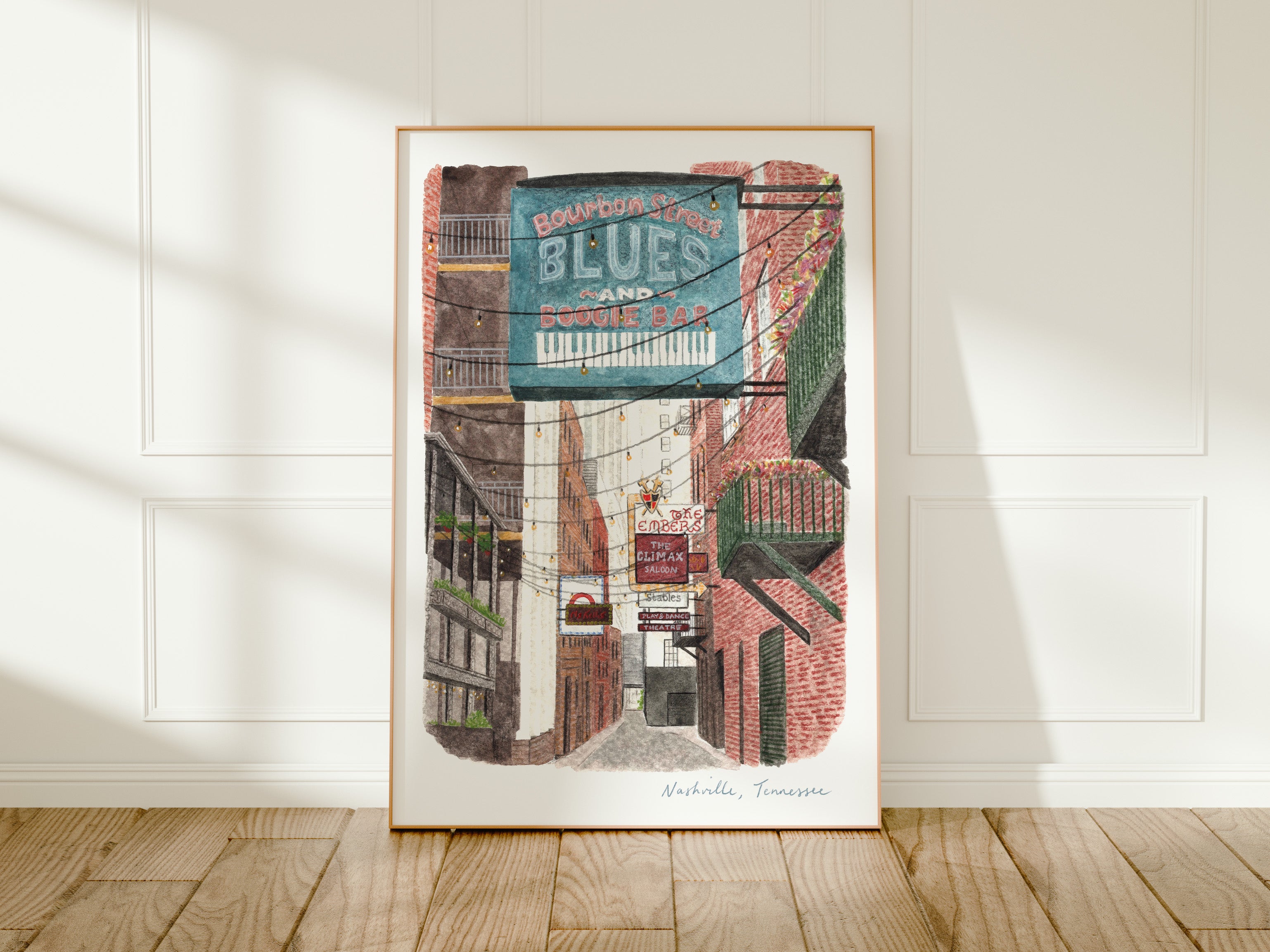 Nashville Art Print, Printer's Alley, Tennessee, USA, Travel Watercolour Painting