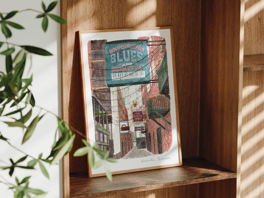 Nashville Art Print, Printer's Alley, Tennessee, USA, Travel Watercolour Painting