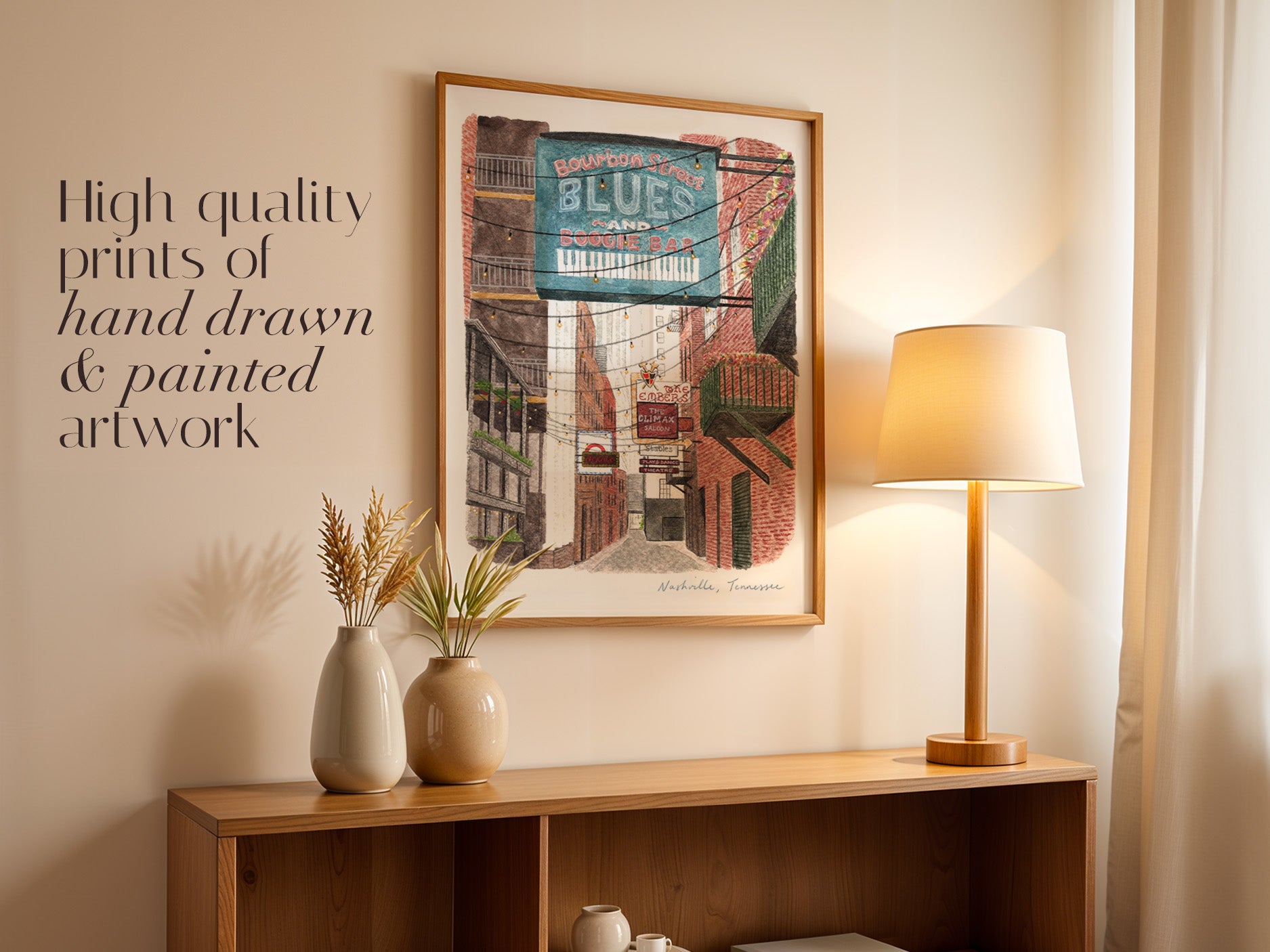 Nashville Art Print, Printer's Alley, Tennessee, USA, Travel Watercolour Painting