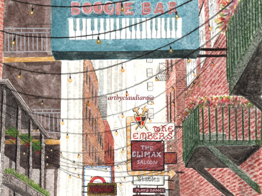 Nashville Art Print, Printer's Alley, Tennessee, USA, Travel Watercolour Painting