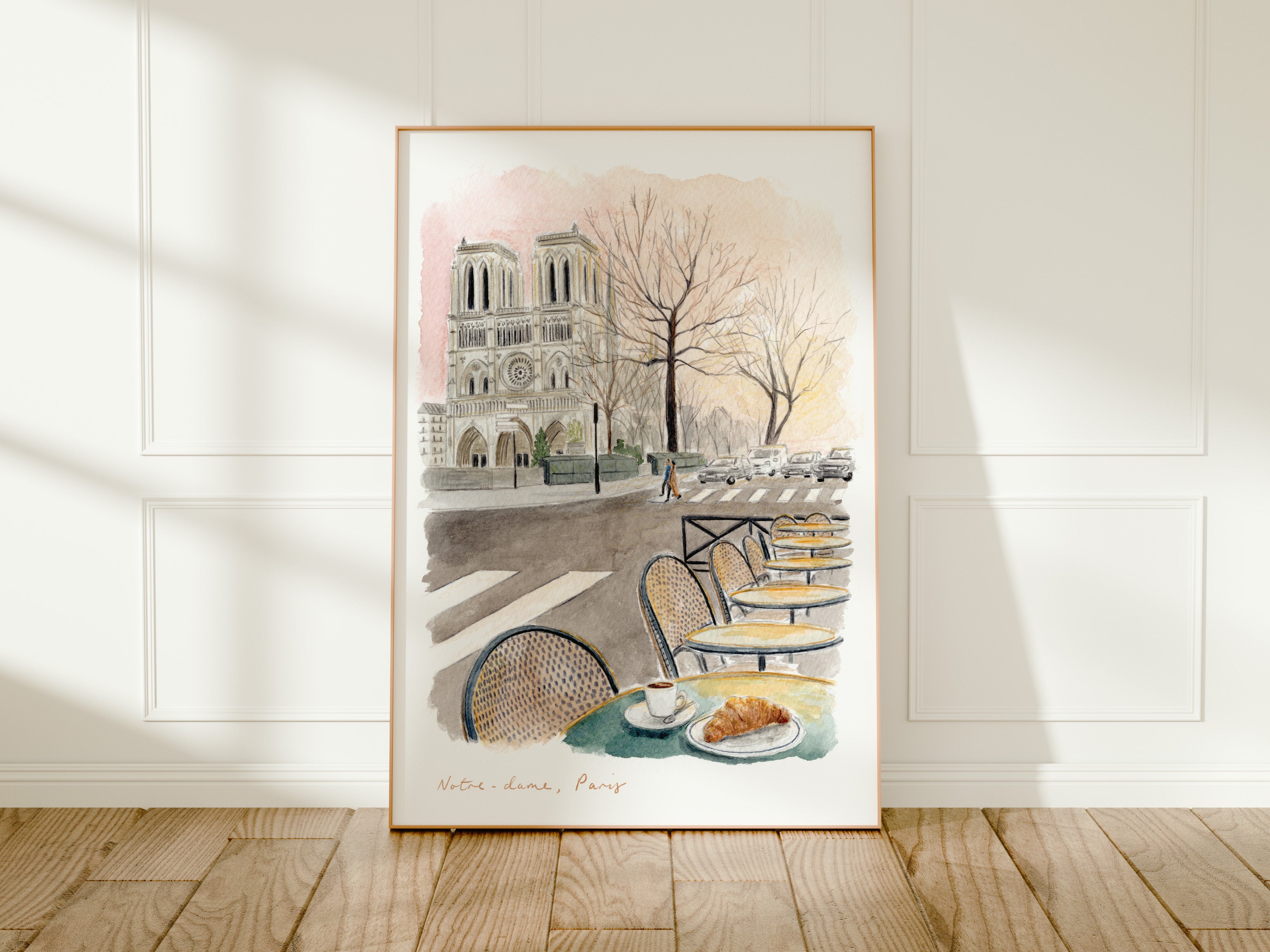 Notre Dame Cathedral Art Print, Parisian Café, France, Travel Watercolour Painting
