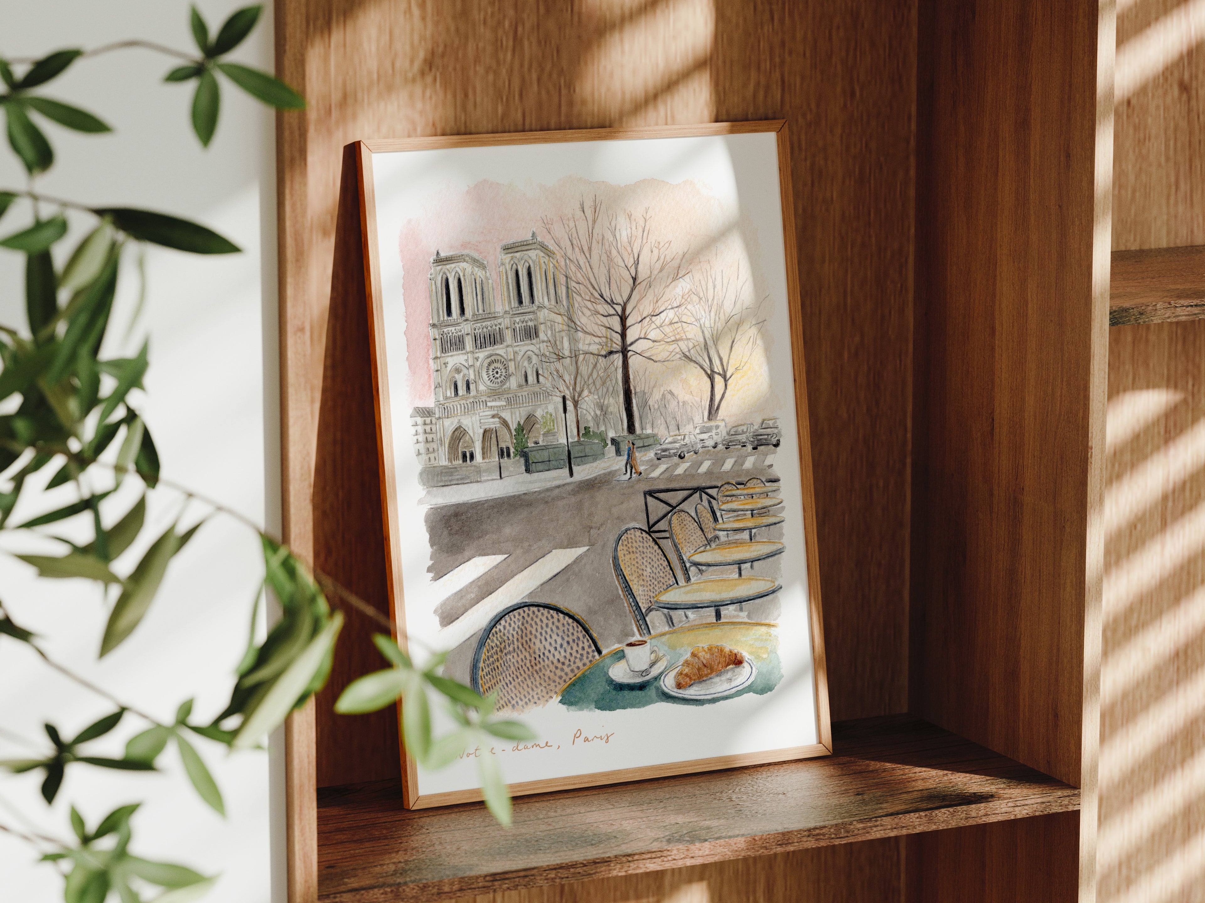 Notre Dame Cathedral Art Print, Parisian Café, France, Travel Watercolour Painting