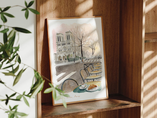 Notre Dame Cathedral Art Print, Parisian Café, France, Travel Watercolour Painting