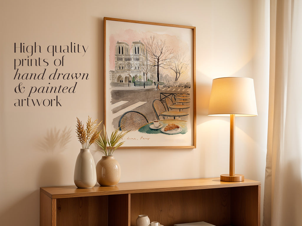 Notre Dame Cathedral Art Print, Parisian Café, France, Travel Watercolour Painting