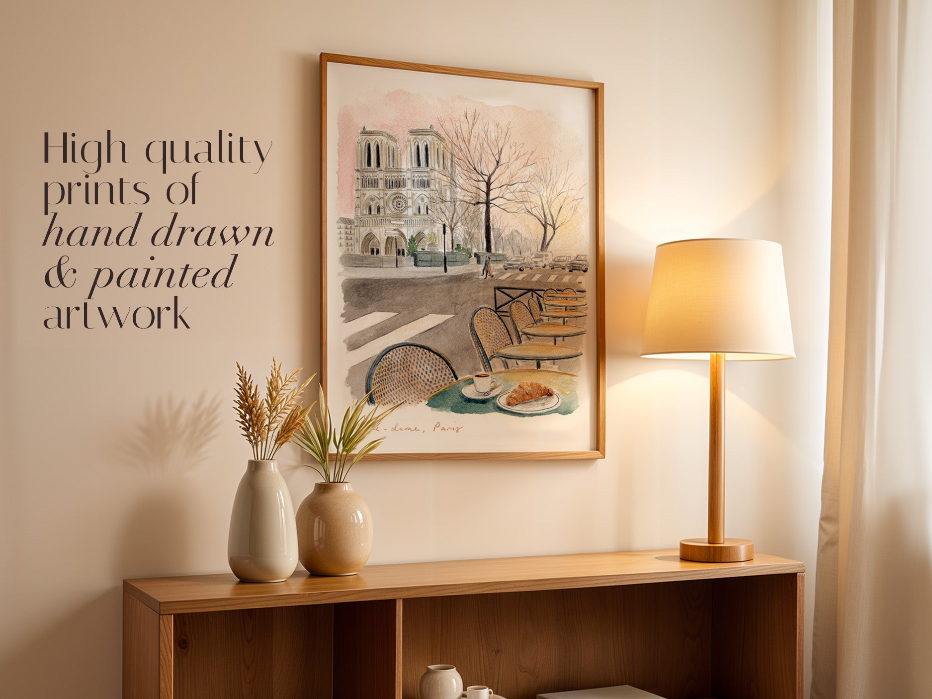 Notre Dame Cathedral Art Print, Parisian Café, France, Travel Watercolour Painting