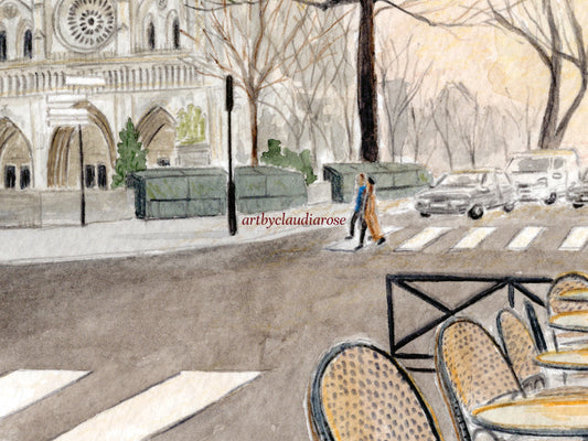 Notre Dame Cathedral Art Print, Parisian Café, France, Travel Watercolour Painting