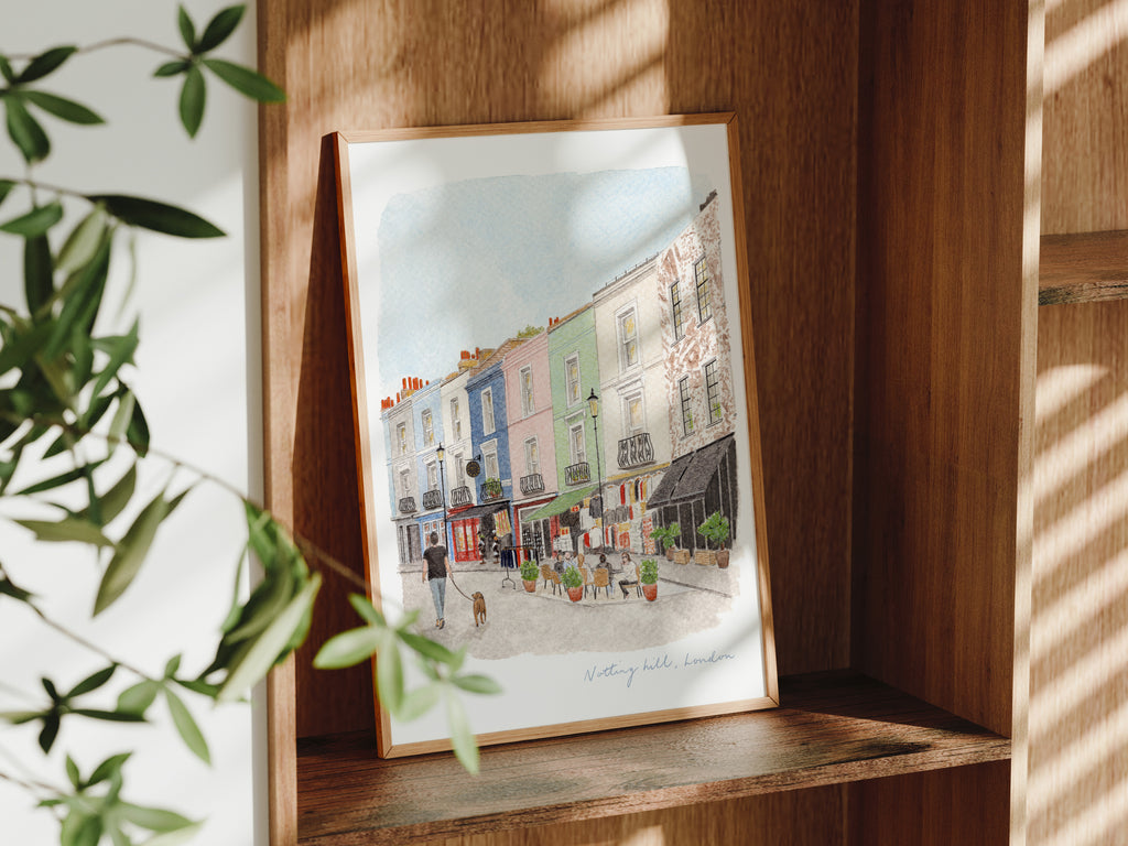 Notting Hill Art Print, London, Portobello Road Market, England, Travel Watercolour Painting