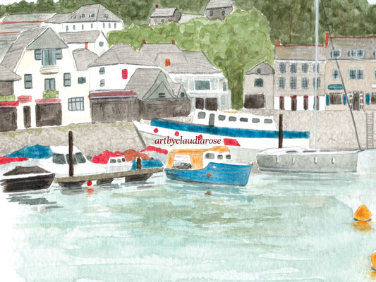 Padstow Harbour Art Print, Cornwall, River Camel, England, Travel Watercolour Painting