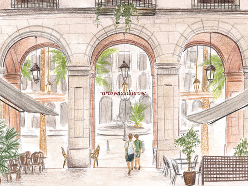 Barcelona, Plaça Reial Square, La Rambla, Spain Travel Art Print, Watercolour Painting