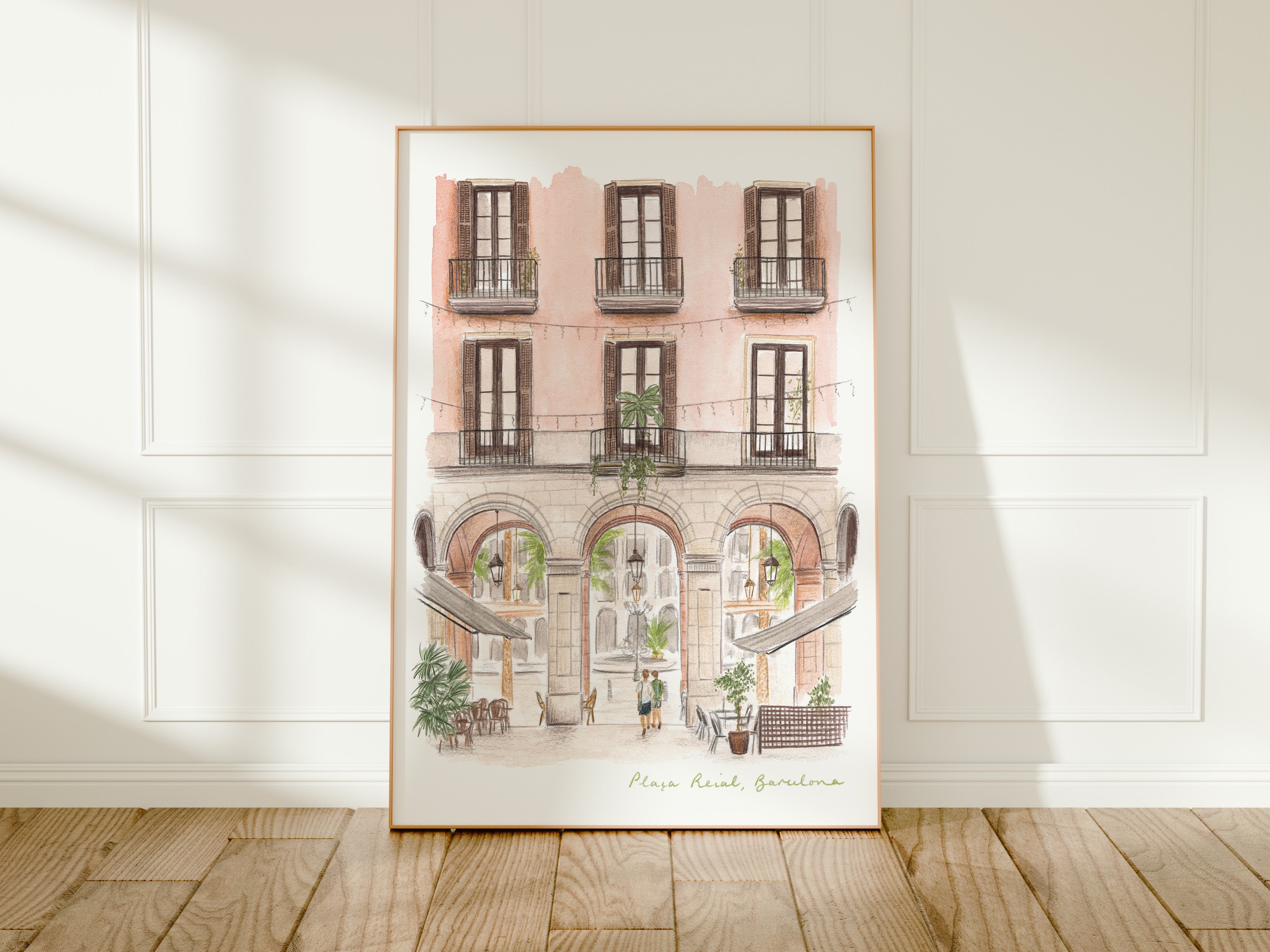 Barcelona, Plaça Reial Square, La Rambla, Spain Travel Art Print, Watercolour Painting
