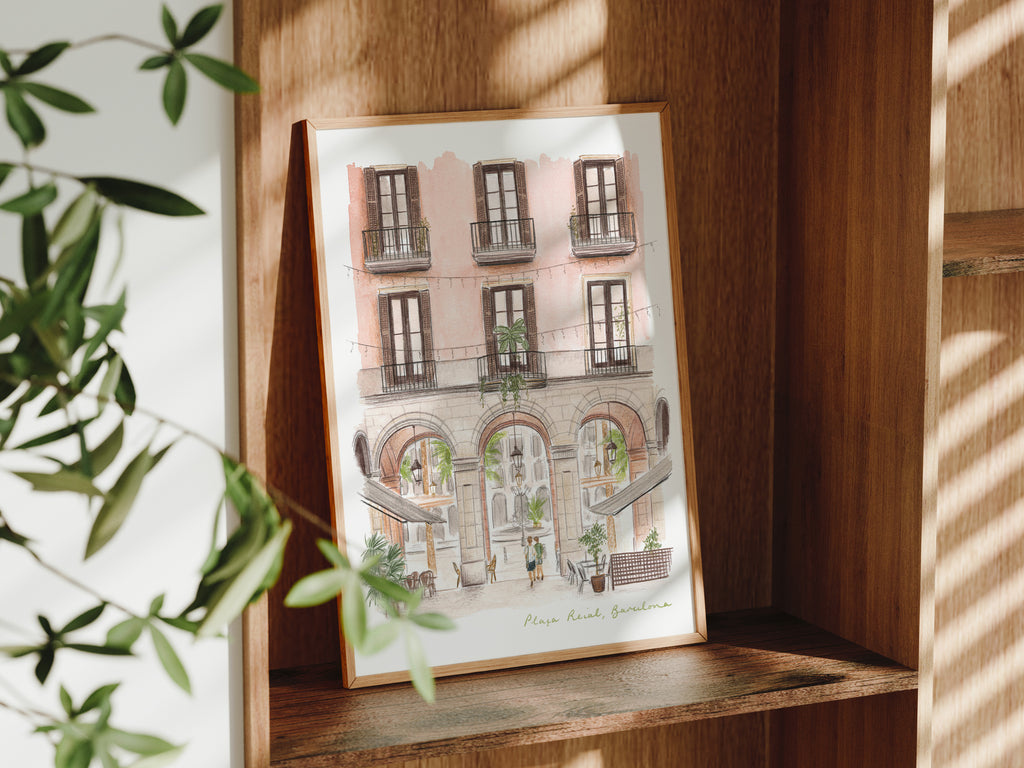 Barcelona, Plaça Reial Square, La Rambla, Spain Travel Art Print, Watercolour Painting
