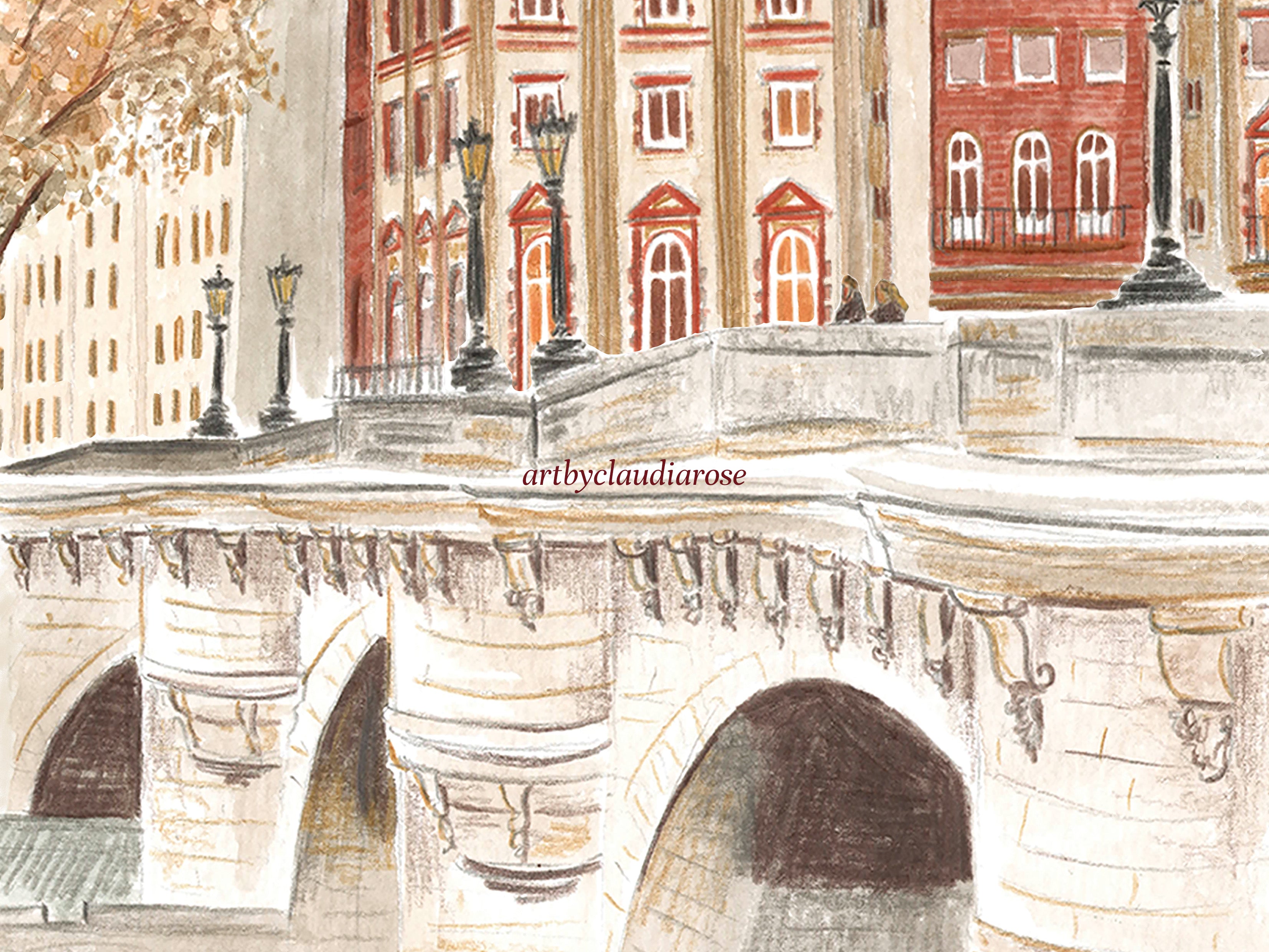 Pont Neuf Bridge Art Print, Paris, River Seine, France, Travel Watercolour Painting