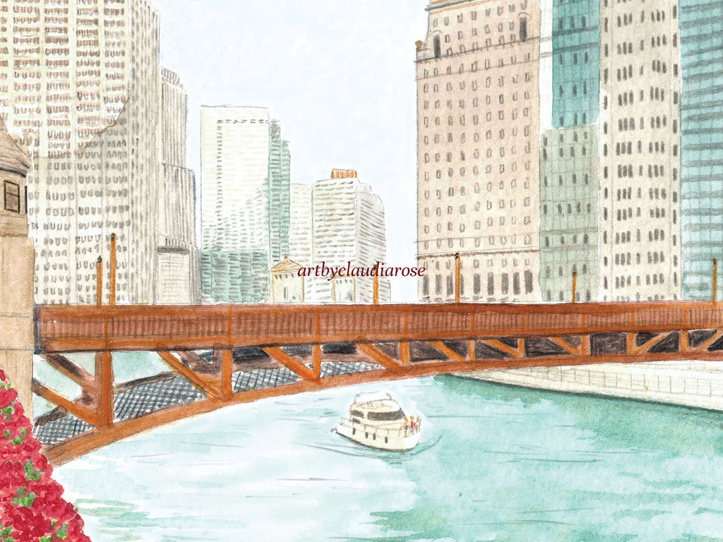 Chicago Art Print, Riverwalk, Illinois, USA, Travel Watercolour Painting