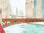 Chicago Art Print, Riverwalk, Illinois, USA, Travel Watercolour Painting