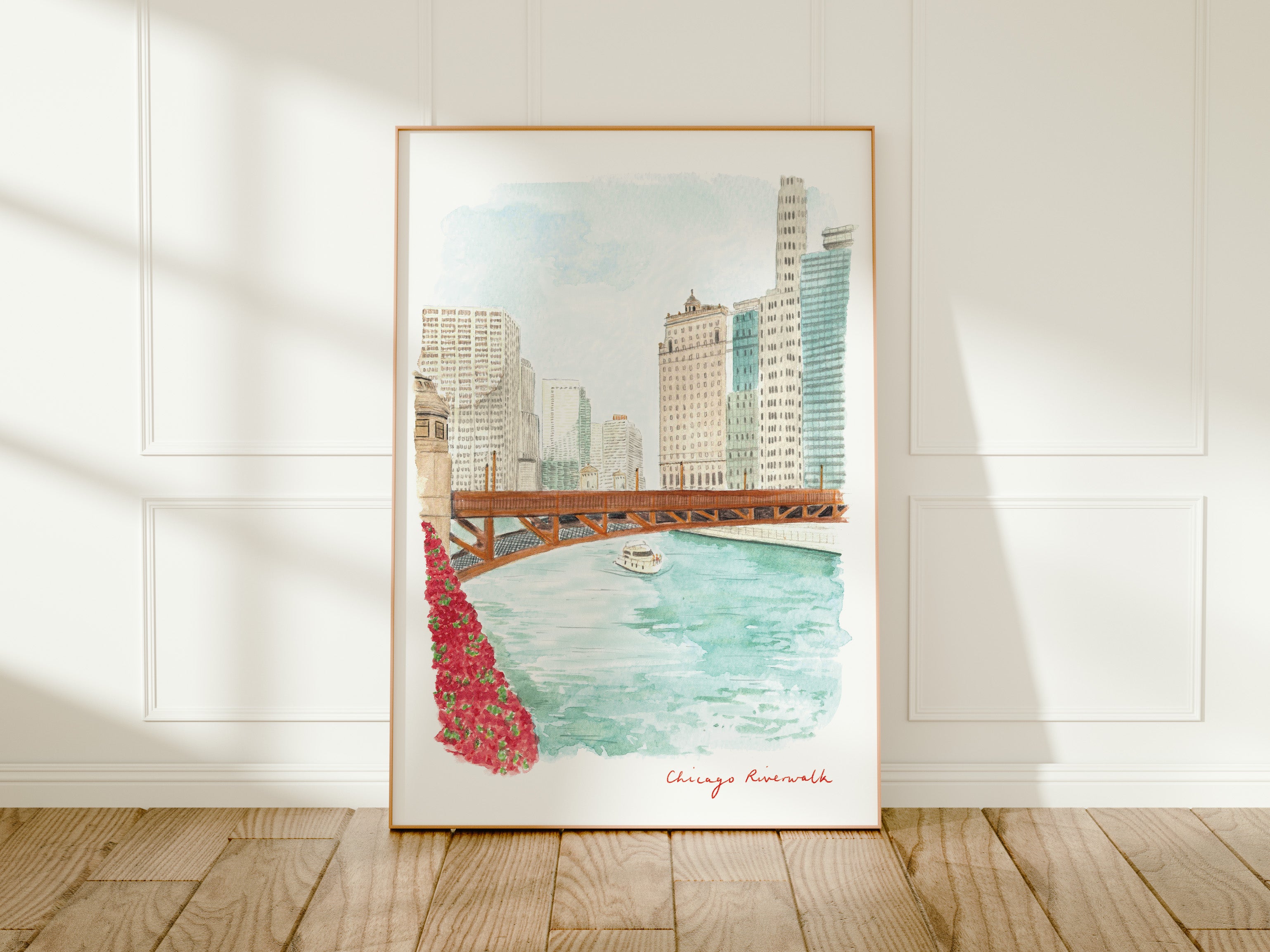 Chicago Art Print, Riverwalk, Illinois, USA, Travel Watercolour Painting
