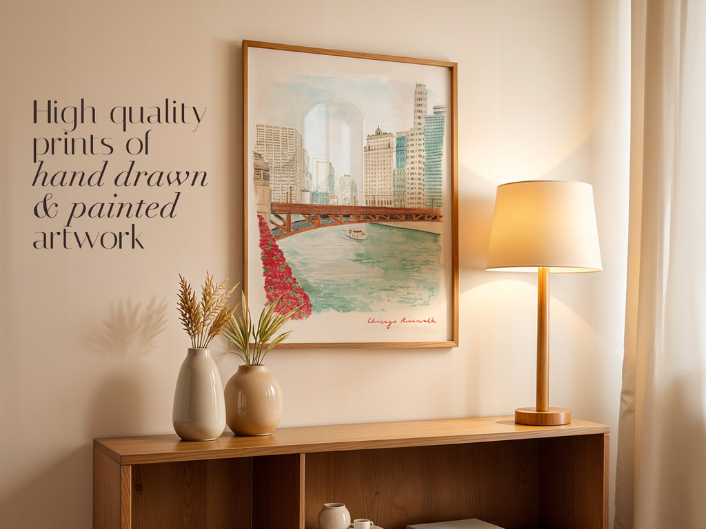 Chicago Art Print, Riverwalk, Illinois, USA, Travel Watercolour Painting