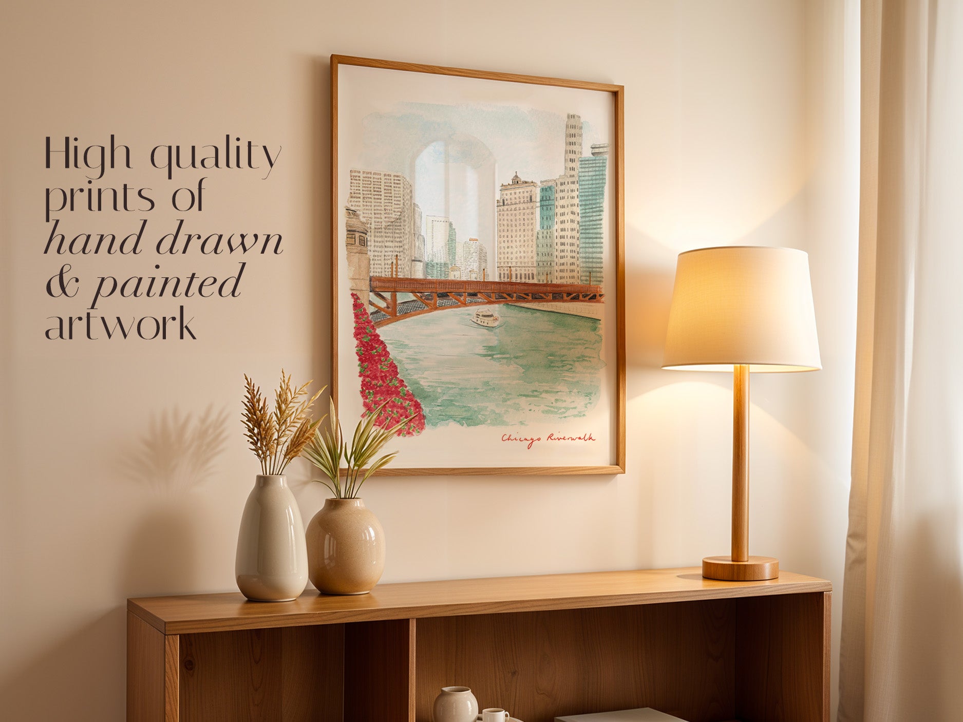 Chicago Art Print, Riverwalk, Illinois, USA, Travel Watercolour Painting